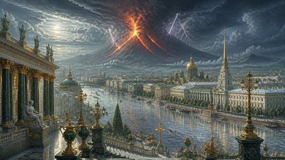 an erupting volcano with lightning strikes, dramatic wide composition, no text