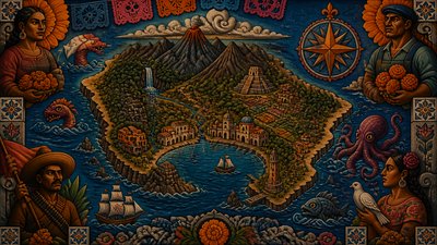 a map of an island realm with mountains, forests, a sheltered bay, sea monsters in the water and a compass rose, no text labels