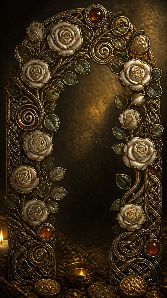 an arch of white roses and eucalyptus in soft morning light, elegant vertical composition with open space, no text