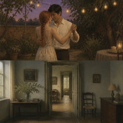 an original couple dancing under string lights in a garden at dusk: a man with short black hair in a linen shirt and a woman with braided red hair in a summer dress