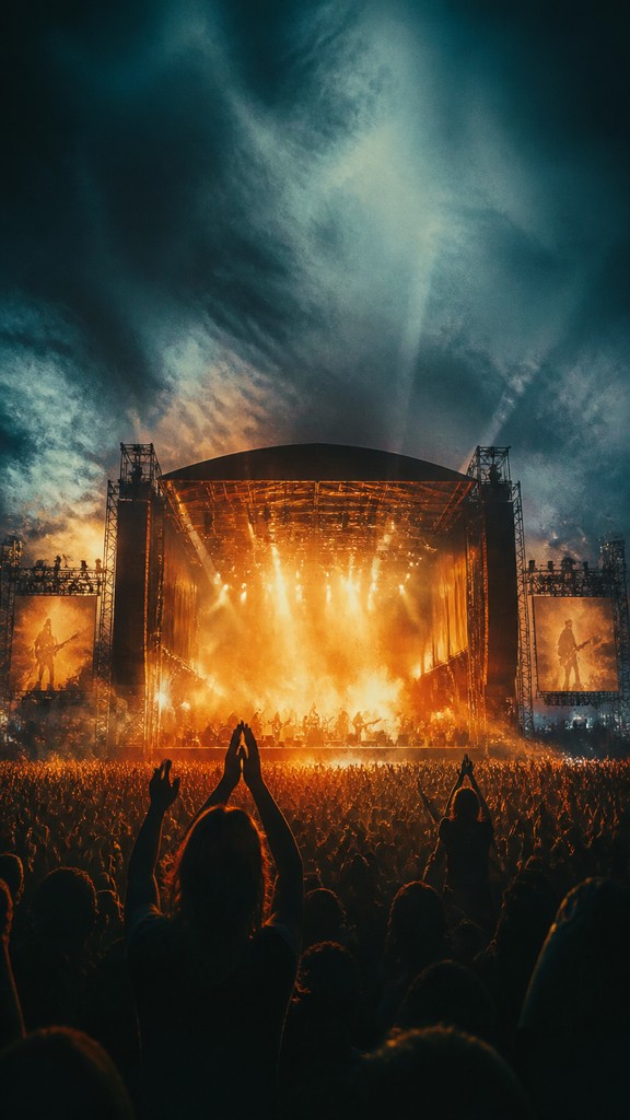 a live music scene with a glowing stage and silhouetted crowd, energetic vertical composition with open space at the top, no text