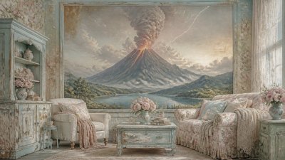 an erupting volcano with lightning strikes, dramatic wide composition, no text