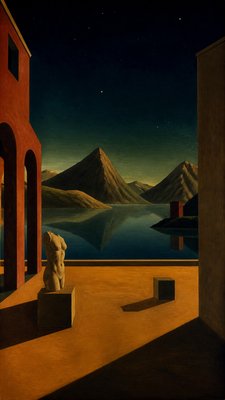 a tranquil mountain lake beneath a starry night sky, no people, no text