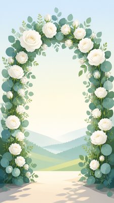 an arch of white roses and eucalyptus in soft morning light, elegant vertical composition with open space, no text