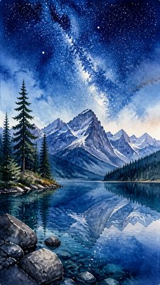 a tranquil mountain lake beneath a starry night sky, no people, no text