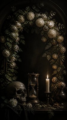 an arch of white roses and eucalyptus in soft morning light, elegant vertical composition with open space, no text