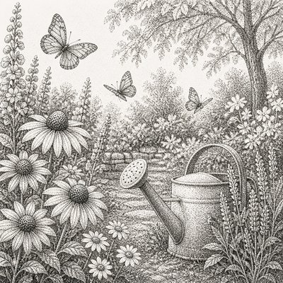 a garden scene with butterflies, flowers and a watering can, clean uncolored line art, no text