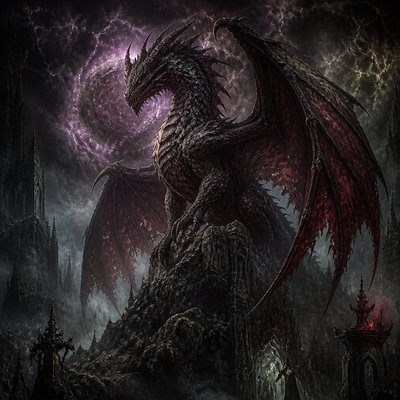 a majestic dragon perched on a rocky crag, wings half spread