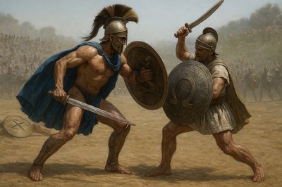 a painting of two men fighting with each other