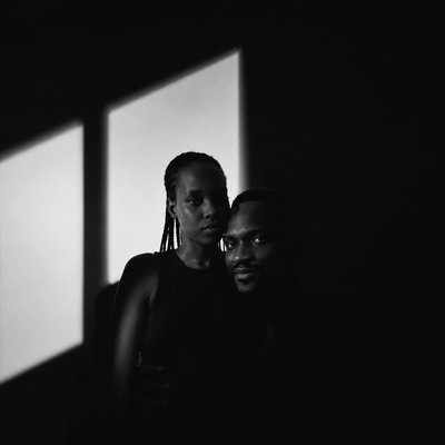 a man and a woman standing in a dark room