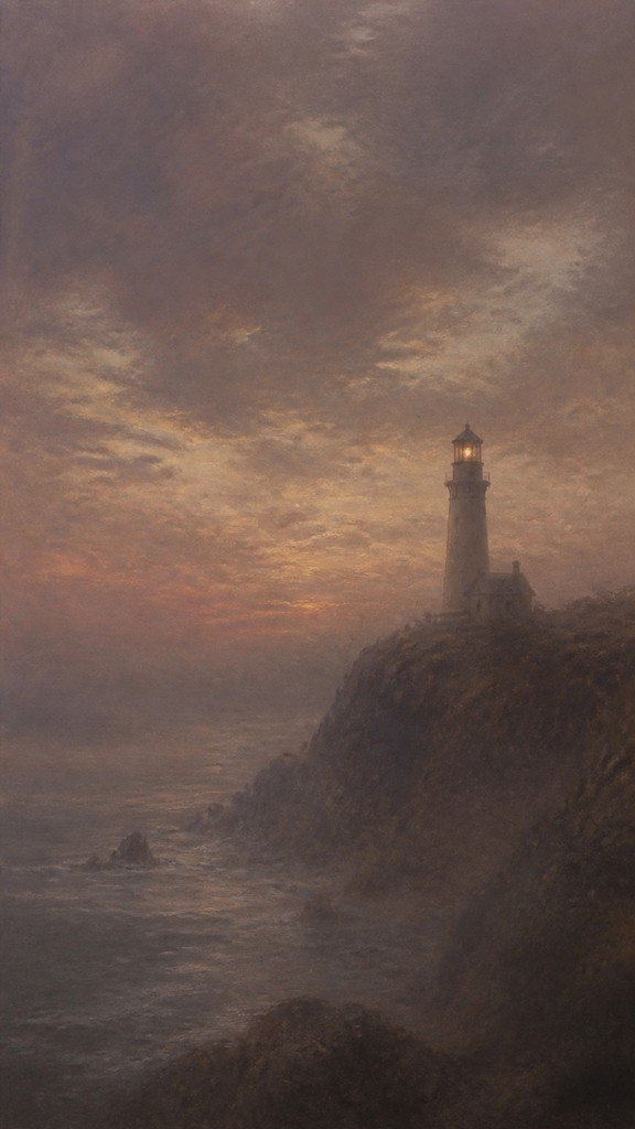 a lone lighthouse on a cliff at dusk under a dramatic sky, no text or lettering