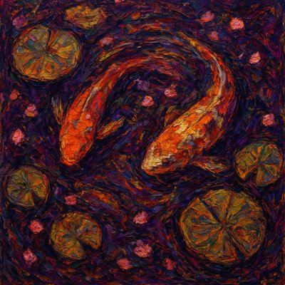 A koi pond seen from above, orange and white koi fish swimming among lily pads, clear water with subtle ripples, fallen cherry blossom petals floating on the surface, dappled sunlight