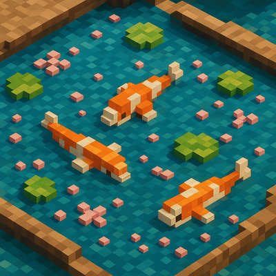 A koi pond seen from above, orange and white koi fish swimming among lily pads, clear water with subtle ripples, fallen cherry blossom petals floating on the surface, dappled sunlight