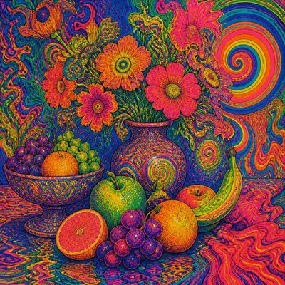 still life arrangement of fruits and flowers