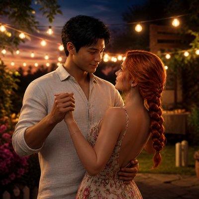an original couple dancing under string lights in a garden at dusk: a man with short black hair in a linen shirt and a woman with braided red hair in a summer dress