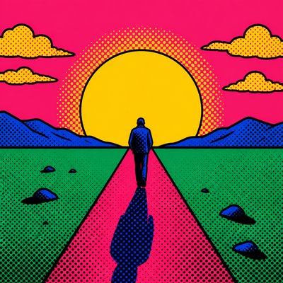 a solitary figure walking toward a glowing horizon across an empty plain, moody atmosphere, no text or lettering