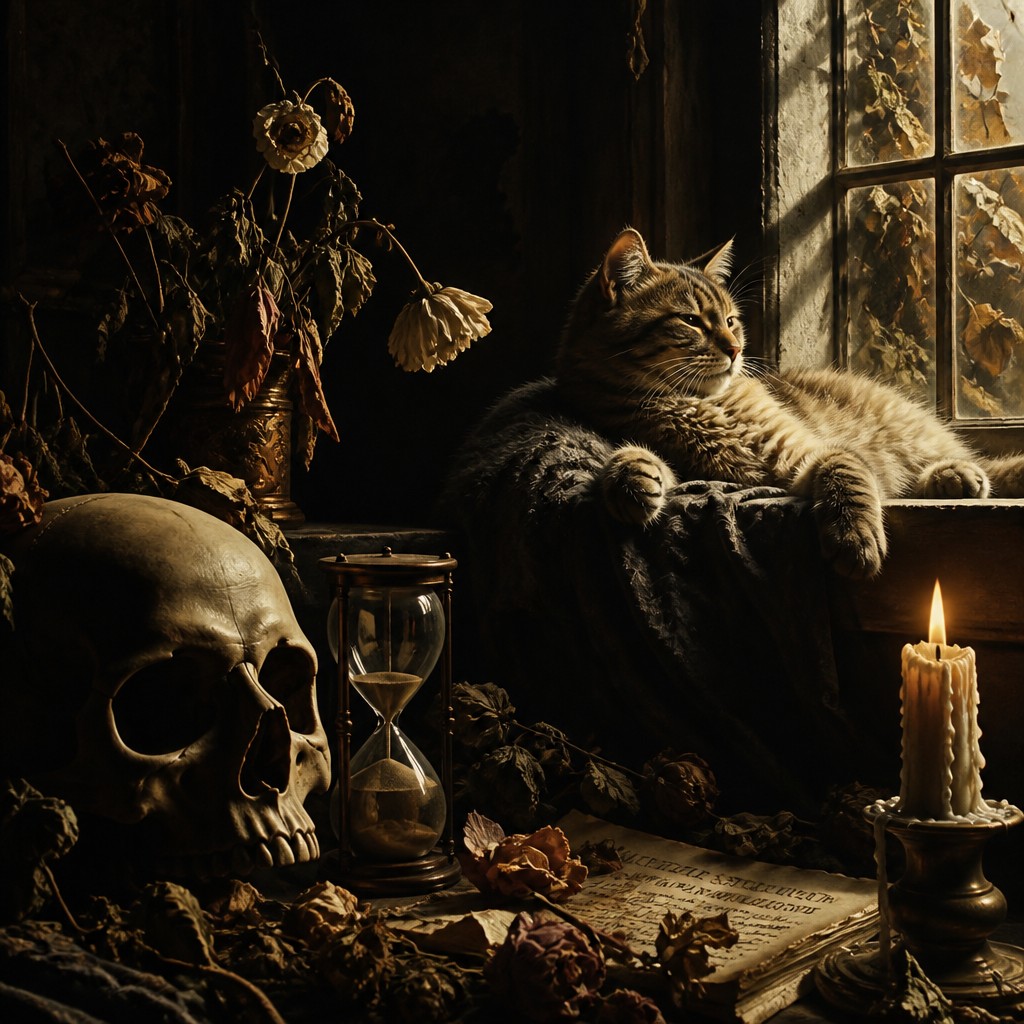 a cat lounging in a sunlit window — Memento Mori Art Style