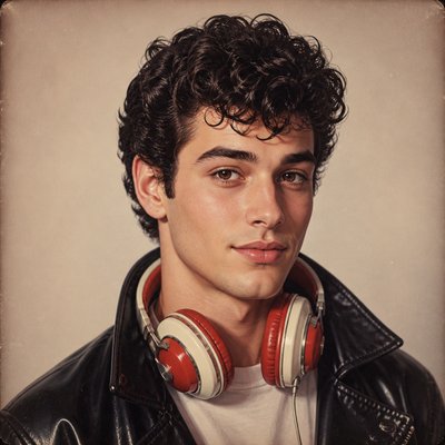 head-and-shoulders portrait of an original character: a young man with curly dark hair and headphones around his neck, plain backdrop, no text