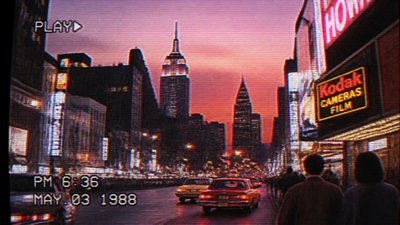 bustling city street panorama at dusk