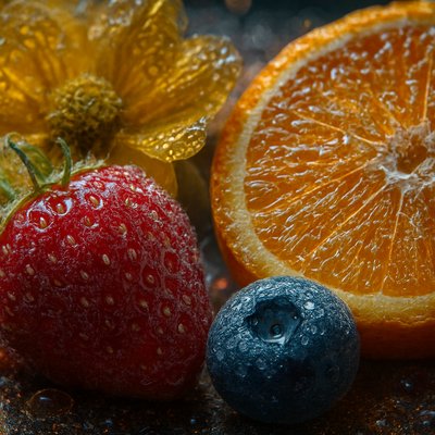 still life arrangement of fruits and flowers
