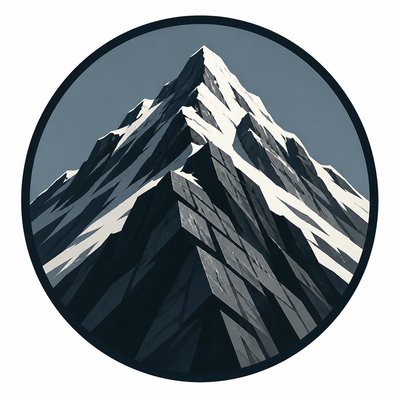 an emblem of a mountain peak inside a circle, simple bold shapes on a plain background, no text or lettering