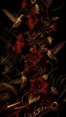a climbing vine of flowers and hummingbirds on a dark background, tall wrapping composition, no text