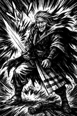 a black and white drawing of a man holding a sword