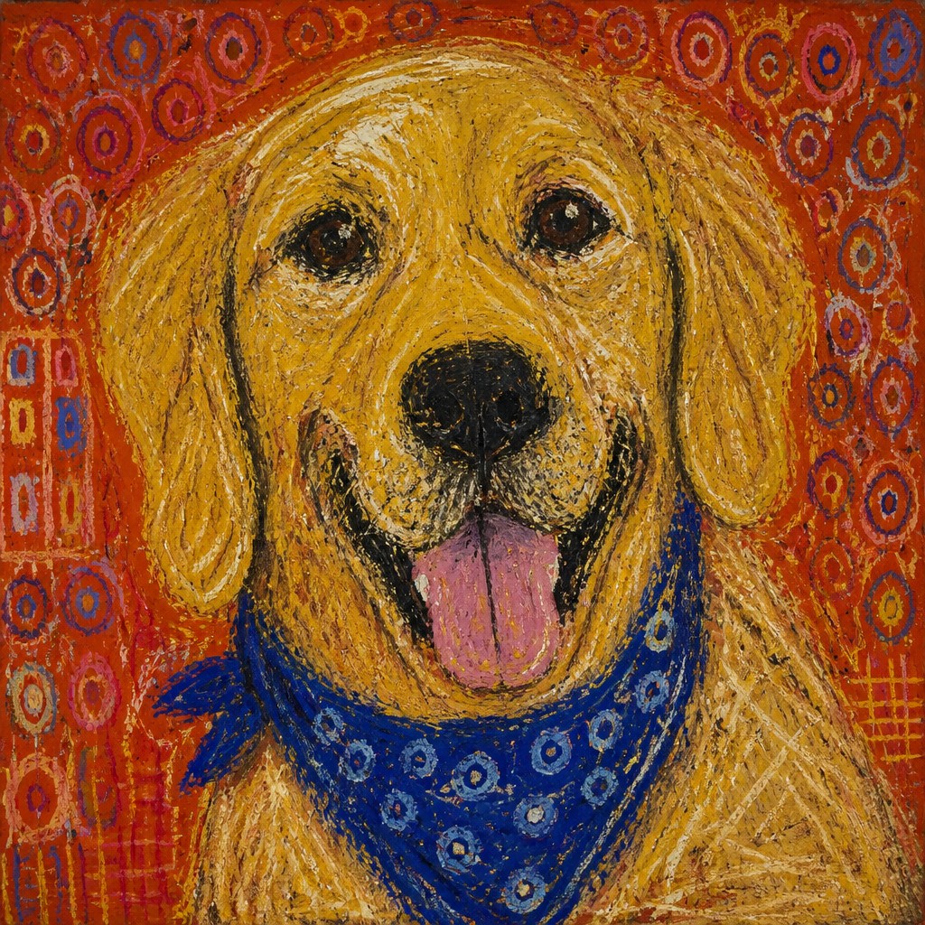 portrait of a golden retriever wearing a blue bandana, warm plain backdrop, no text