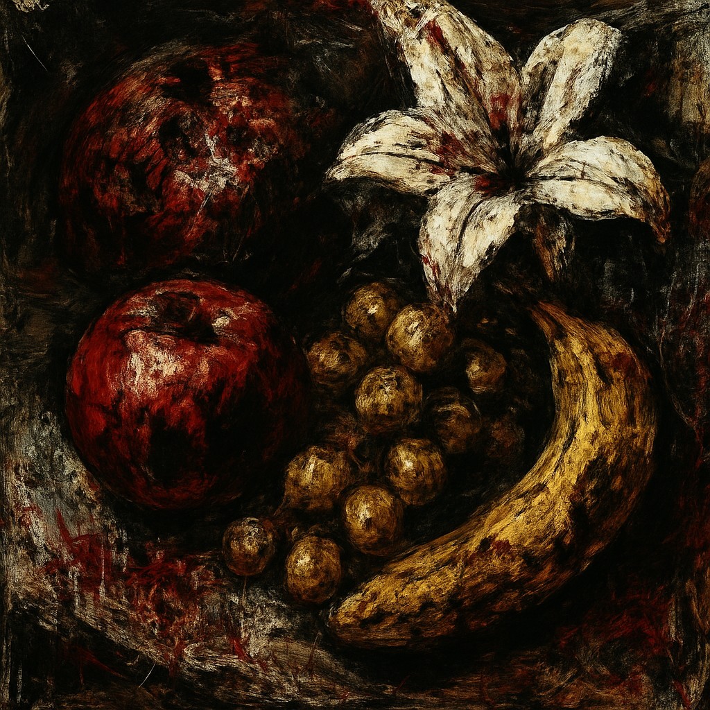 still life arrangement of fruits and flowers