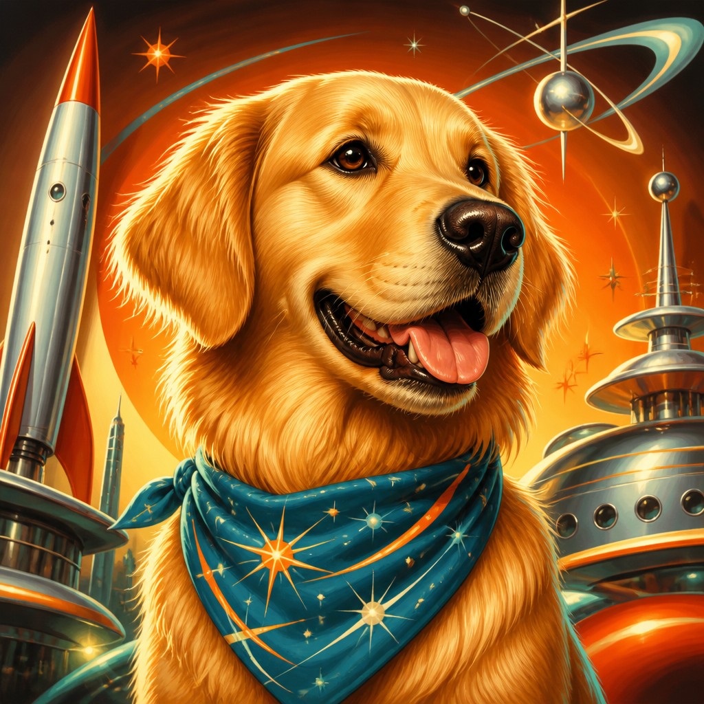 portrait of a golden retriever wearing a blue bandana, warm plain backdrop, no text