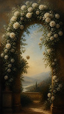an arch of white roses and eucalyptus in soft morning light, elegant vertical composition with open space, no text