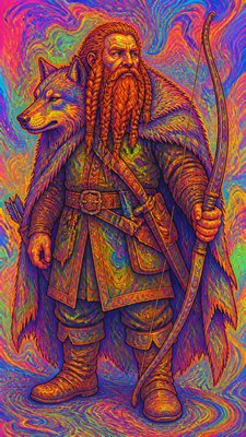 full-body original character: a dwarven ranger with a braided auburn beard, worn leather armor, a longbow and a wolf-pelt cloak, neutral background, no text