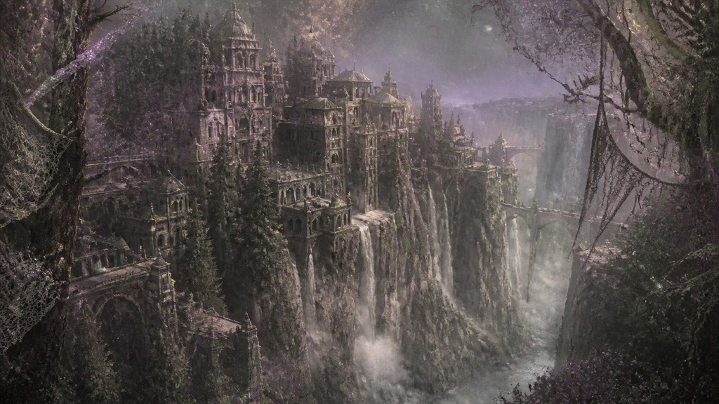a cliffside city with waterfalls cascading into a misty canyon, wide establishing shot, no people, no text