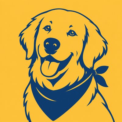 portrait of a golden retriever wearing a blue bandana, warm plain backdrop, no text