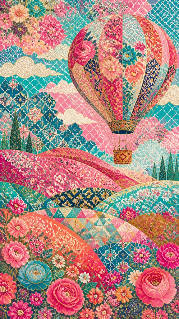a hot air balloon drifting over rolling flower fields on a sunny day, cheerful, no text
