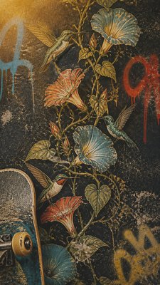 a climbing vine of flowers and hummingbirds on a dark background, tall wrapping composition, no text