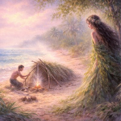 An island goddess spirit robed in green leaves covertly 
observes a castaway man on a beach making a shelter