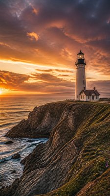 a lone lighthouse on a cliff at dusk under a dramatic sky, no text or lettering