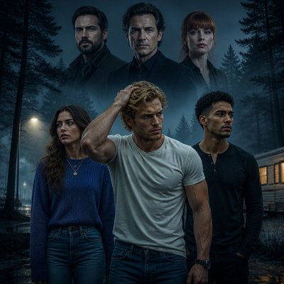 Ok tu me fait 7 personnages de roman , on va commencer avec un homme dans la trentaine tres beau il est blond, il passe sa main dans ses cheveux, on voit le biceps il est en T-shirt avec un jean à côté de lui, il se trouve un autre mec métisse hyper séduisant a sa gauche , lui aussi décontracté. Ensuite, je veux qu’à droite tu me dessines une femme dans la vingtaine, très magnifique aussi brune, habillé un peu en mode pull color jean elle a genre un collier etc. Tres yong adulte en hauteur derrière eux. Donc pas vraiment genre sur le sol, c’est plus une image de tous les persos comme un roman un policier dans les 30 ans, et alors là je veux que tu m’écoutes un autre homme à peu près la 40, les cheveux noirs un peu gris bouclé, sur les côtés, il a pas de lunettes il est en chemise, on dirait un peu un maire de la ville un daddy pas de barbe, pas de moustache. Il a l’air pas gros, mais pas maigre. Juste un air de Daddy. Et enfin un troisième personnage, une femme dans la trentaine quarantaine avec une frange qui a l’air d’être un peu secrétaire ou je sais pas quoi elle est rousse. Une ambiance assez froide avec un brouillard glaçant autour de une forêt, un caravane je sais pas une ambiance vraiment inquiétante et vraiment je veux une ambiance comme si on parlait d’un roman genre les trois personnes en haut, ils sont petits enfin ils sont représentés en plus petit que les trois les mais ils sont genre en haut, tu vois genre, on voit pas leurs gens et etc. comme une affiche en gros ils sont pas genre sur une montagne les trois premiers personnages, ils sont vraiment sur le sol quoi genre, on voit pas le sol, mais on voit qu’ils sont les uns derrière les autres la fille à gauche le mec noir à droite le blond devant il regarde tous faire un point fixe comme si il courait ou je sais pas le policier, je veux qu’il soit pas comme les autres, genre un policier avec une barbe, les cheveux noirs mais le mien, et le daddy je ne veux en aucun cas qu’il est les cheveux gris, j’ai bien dit les cheveux noirs assez milong bouclé pour te donner un autre idée, je veux qu’il ressemblepour te donner un autre idée, je veux qu’il ressemble à tom loftis de widow’s bay , allez je veux vraiment une ambiance de livres, les choses assez symétriques parce que j’ai l’impression que tu fais pas les choses symétriquement. Genre vraiment deux personnages alignés, deux autres personnages alignés, deux autres personnages alignés, genre trois en haut trois en bas les trois en bas ils sont les pieds sur terre et les trois en haut sont comme un peu effacé, genre on voit pas le bas la forêt autour des encercle vraiment genre, ils prennent pas toute l’image, il y a des lampes une route, une ambiance très froides très 