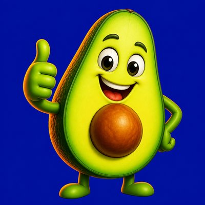 a happy avocado character giving a thumbs up, bold readable design on a plain background, no text