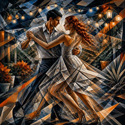 an original couple dancing under string lights in a garden at dusk: a man with short black hair in a linen shirt and a woman with braided red hair in a summer dress