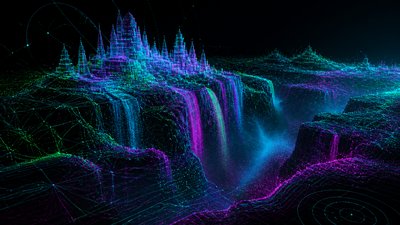 a cliffside city with waterfalls cascading into a misty canyon, wide establishing shot, no people, no text