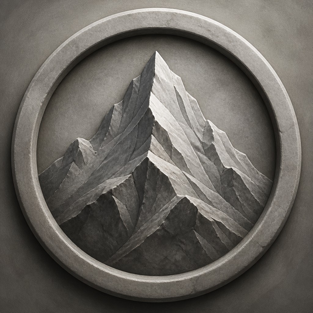 an emblem of a mountain peak inside a circle, simple bold shapes on a plain background, no text or lettering