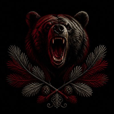 a roaring bear head above crossed pine branches, bold graphic composition on a plain background, no text