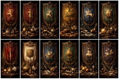 “And I heard the number of them which were sealed: and there were sealed an hundred and forty and four thousand of all the tribes of the children of Israel. Of the tribe of Juda were sealed twelve thousand. Of the tribe of Reuben were sealed twelve thousand. Of the tribe of Gad were sealed twelve thousand. Of the tribe of Aser were sealed twelve thousand. Of the tribe of Nepthalim were sealed twelve thousand. Of the tribe of Manasses were sealed twelve thousand. Of the tribe of Simeon were sealed twelve thousand. Of the tribe of Levi were sealed twelve thousand. Of the tribe of Issachar were sealed twelve thousand. Of the tribe of Zabulon were sealed twelve thousand. Of the tribe of Joseph were sealed twelve thousand. Of the tribe of Benjamin were sealed twelve thousand.” (Revelation 7:4-8, KJV)
Only create 12 tribal ensigns. 