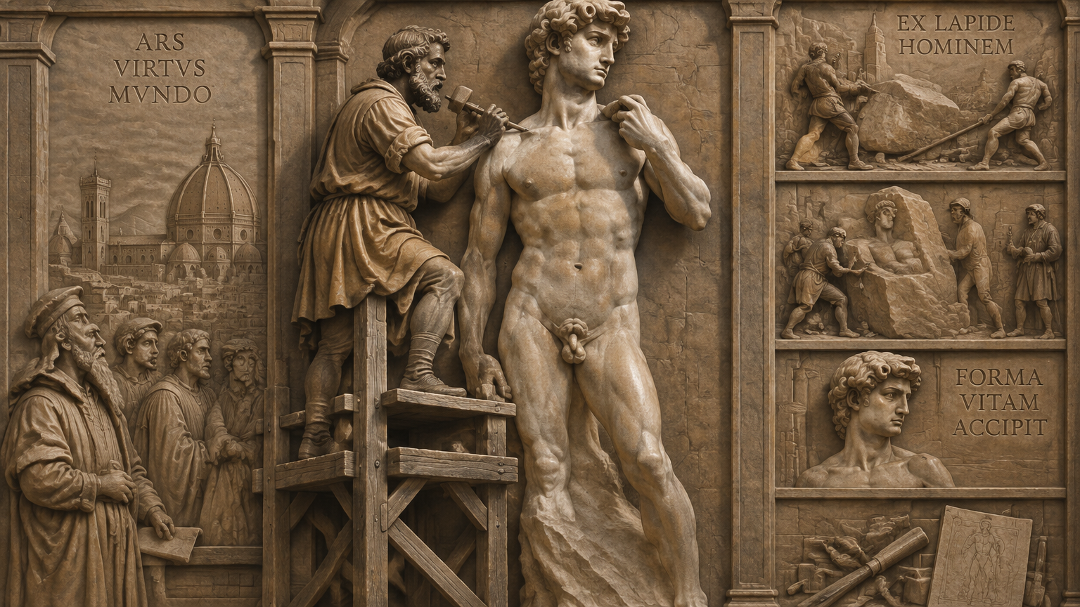 Michelangelo on a scaffold carving the nearly finished statue of David