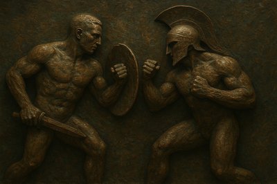 a statue of two men holding a mirror