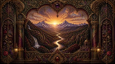 a vast valley with a river winding toward distant mountains at sunrise, no people, no text