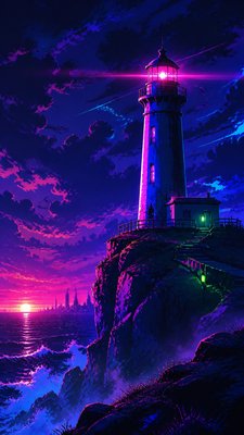 a lone lighthouse on a cliff at dusk under a dramatic sky, no text or lettering