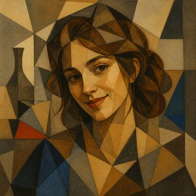head-and-shoulders portrait of an original character: a young woman with wavy chestnut hair and a warm smile, plain soft backdrop